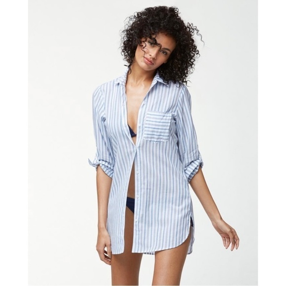 Tommy Bahama Ticking Stripe Boyfriend Shirt Womens Button Front Sz M - Picture 1 of 9